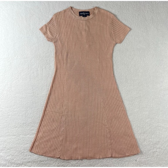 Ralph Lauren 100% Silk Ribbed Short Sleeve Dress Peach Women's Size‎ M VTG NWT